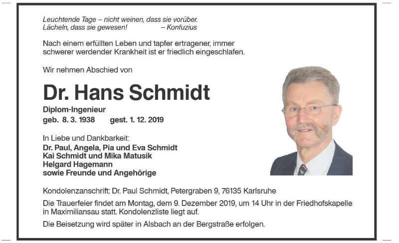 Wir nehmen Abschied von Dr. Hans Schmidt Wir nehmen Abschied von Dr. Hans Schmidt